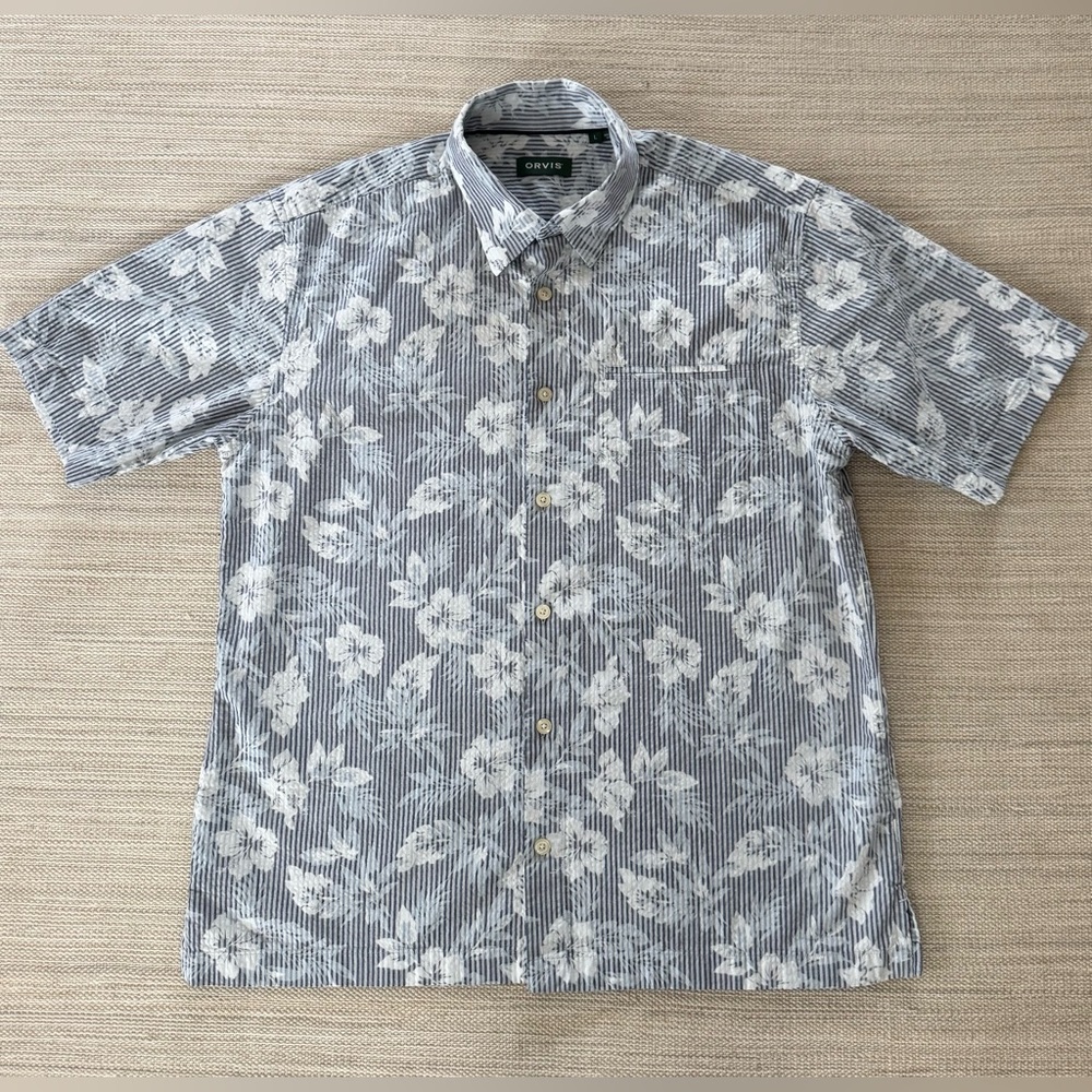 Orvis reverse blue floral cotton short sleeve collared button down shirt men’s L
